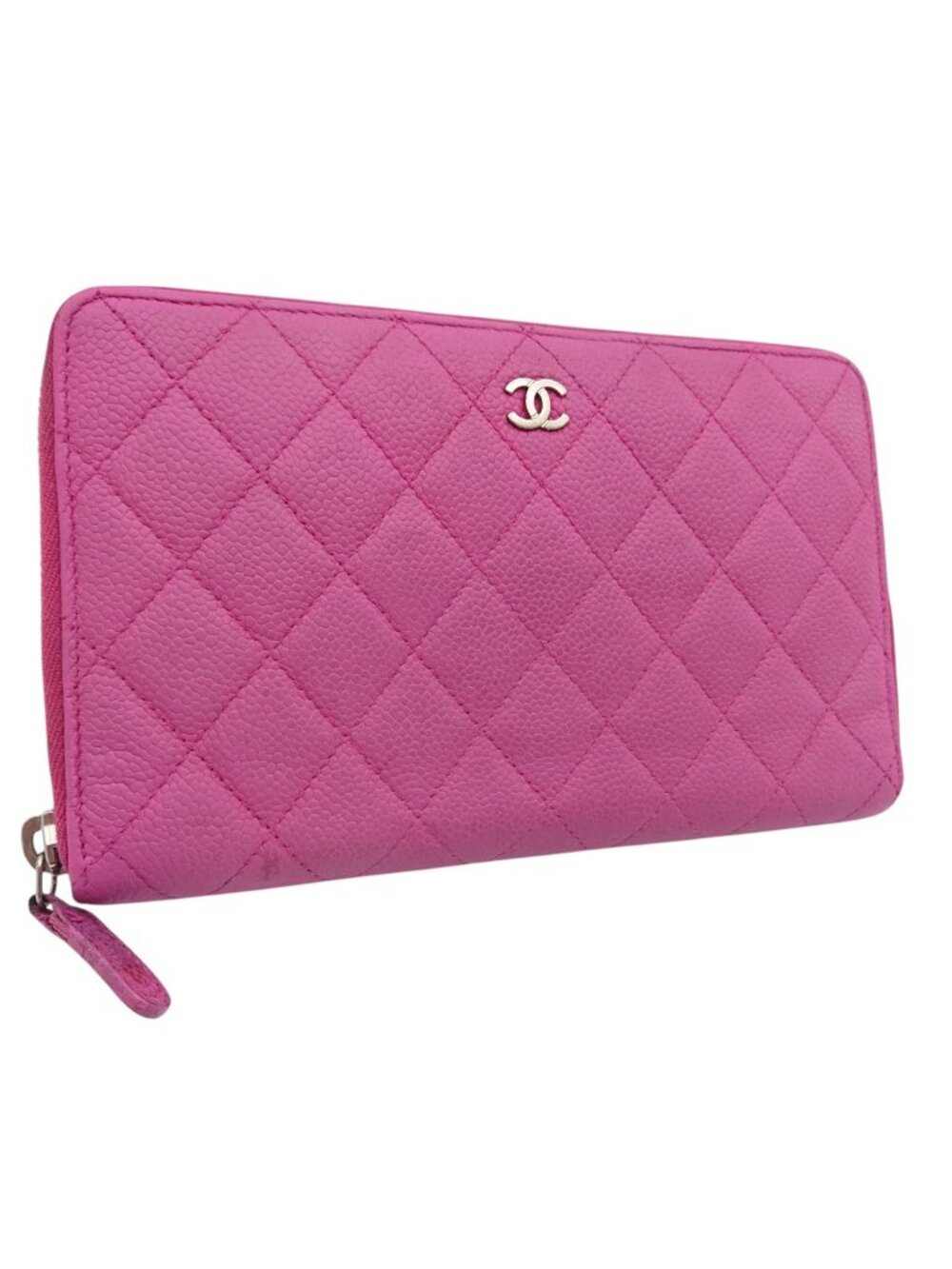 Chanel Quilted Wallet Caviar Leather Pink CC Logo Zip Around